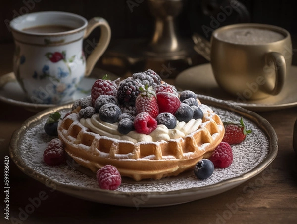 Fototapeta Close up of waffle with ice creams and mixed berries, copy space , concept for breakfast or dessert, blur background kitchen morning light. Generative AI