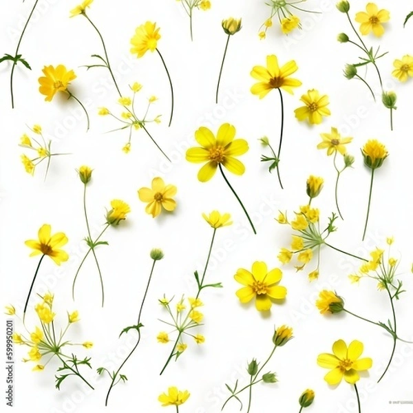 Obraz yellow flowers pattern on white background, yellow flowers with stem, daisies with plant png generated by IA 