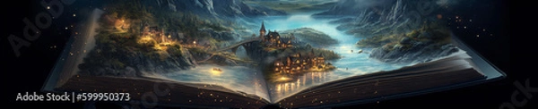 Fototapeta Fantasy world in a book, reading as a portal to imagination, high fantasy, magical, generative AI