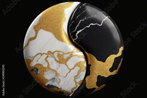 Fototapeta Black and white marble with golden veins, Yin and Yang, generative AI