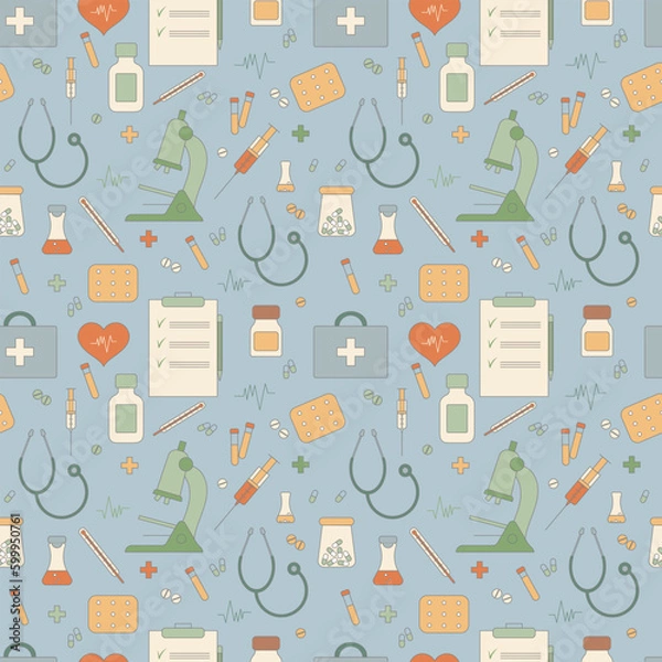 Fototapeta Color medical seamless pattern in retro style, clinic vector illustration. Hospital thin line icons - thermometer, check, tests, drugs, first aid kit, syringe, pills, microscope, stethoscope.