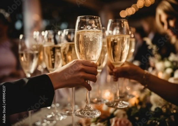 Obraz Hands holding glasses of champagne at fine dining restaurant for a celebration. Generative AI.
