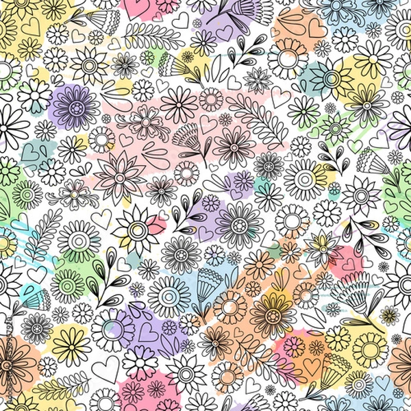 Obraz Flower pattern. Doodle flowers on dark backdrop. Colorful flower Day of the dead background. Floral ornament. Dia de los muertos print. Color botanical elements on black.