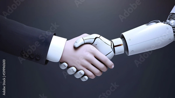 Fototapeta Robot and businessman in handshake. Concept of human robot relationships. AI generated image.