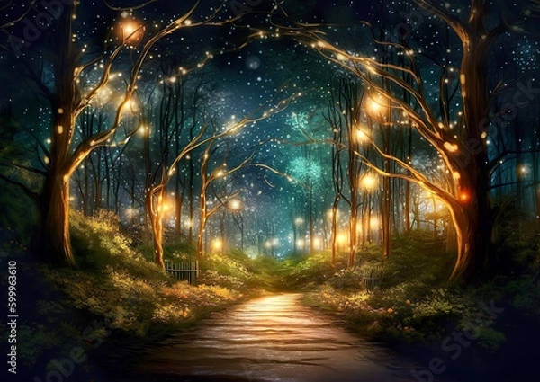 Fototapeta A path that leads to a separate world in the depths of the forest. Wonderful environment for fairy tale illustrations and even wallpaper.Magic fairytale forest with fireflies lights.AI generated illus