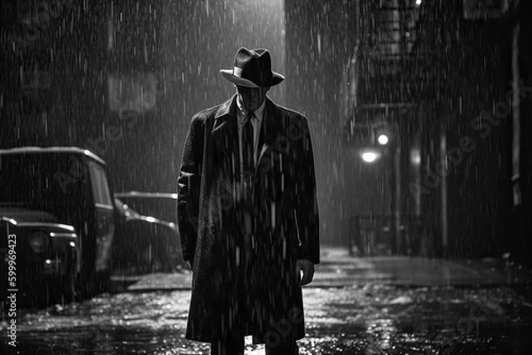 Fototapeta Noir movie, portrait of 40s detective standing under the rain. Generative AI