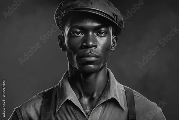 Fototapeta Working class afro American man in working clothes, fictitious person. AI generated image