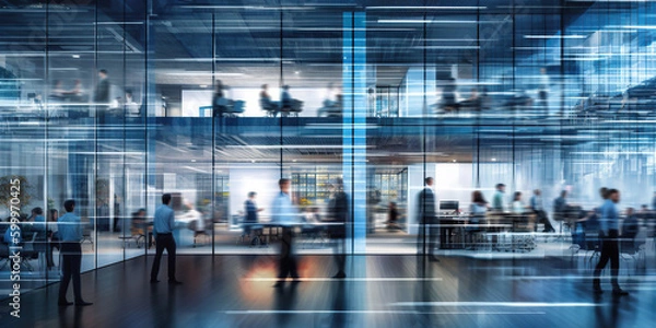 Fototapeta Long exposure banner of busy crowded office hallway with business people. Generative AI