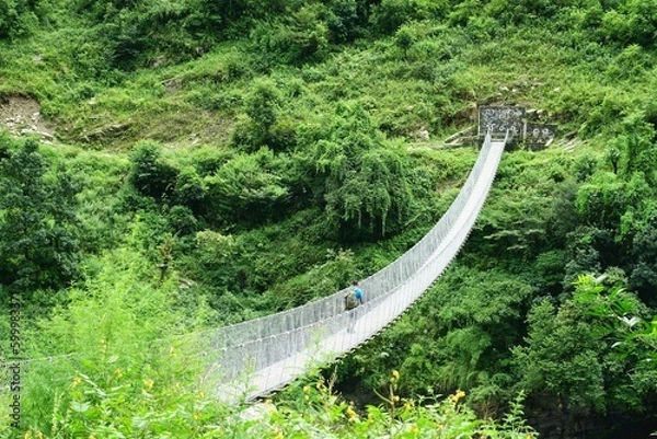 Fototapeta A suspension bridge, which adds to the natural beauty of a tranquil rainforest rich with lush foliage and growth in the Himalayas, can be viewed from a high angle on the Manaslu Circuit trek in Nepal.