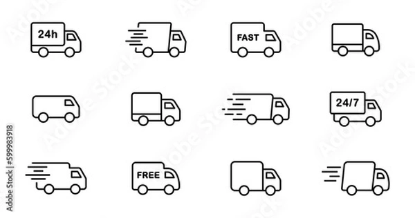 Obraz Delivery truck line icon set. Express delivery trucks icons. Fast shipping truck. Free delivery 24 hours. Logistic trucking sign. Vector illustration.