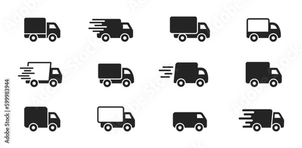 Obraz Delivery Truck icon set. Express delivery trucks icons. Fast shipping truck. Free delivery 24 hours. Logistic trucking sign. Vector illustration.