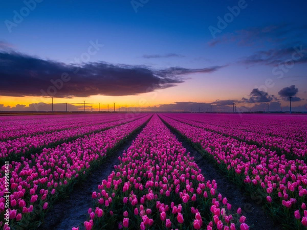Fototapeta A field of tulips during sunset. Rows on the field. Landscape with flowers during sunset. Photo for wallpaper and background. Flevoland, Netherlands.