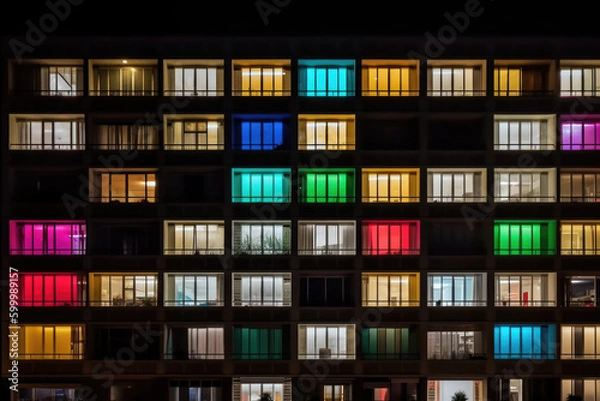 Fototapeta Bright colorful windows pattern at night. Front view facade of residential building with glowing lights in windows and balcony in the dark. Created with Generative AI