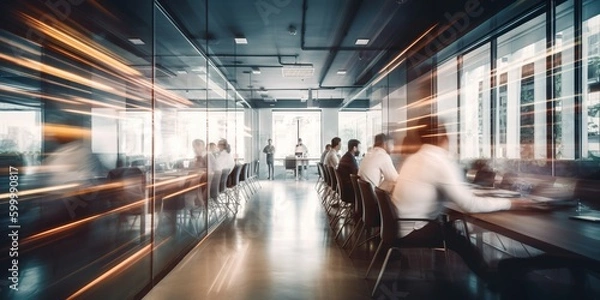 Obraz Coworking space office and sharing desk in corporate workspace, created with Generative AI technology
