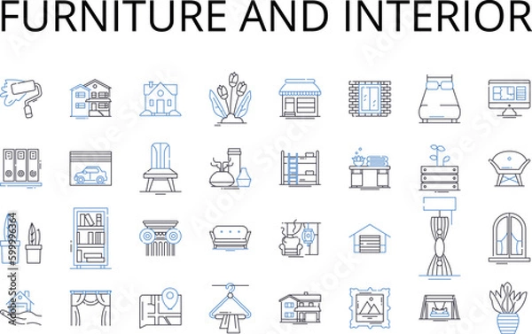 Fototapeta Furniture and interior line icons collection. Sofa settee, Armchair easy chair, Coffee table low table, Bookshelf bookcase, Bench seat, Ottoman footstool, Chaise lounge divan vector and linear