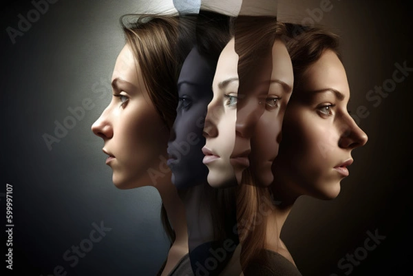Obraz In dissociative identity disorder, formerly called multiple personality disorder, two or more identities alternate in the same person. Generative AI