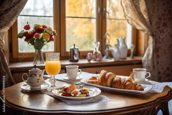 Fototapeta A breakfast including croissants, bread, fruit and fresh orange juice near a window side decorated with flowers in a vase