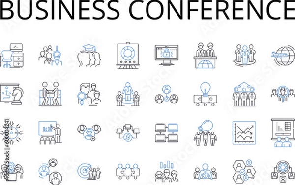 Fototapeta Business conference line icons collection. Corporate seminar, Entrepreneur summit, Marketing expo, Leadership workshop, Sales convention, Finance forum, Executive forum vector and linear illustration