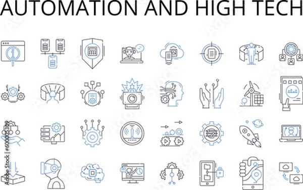 Fototapeta Automation and high tech line icons collection. Artificial intelligence, Modern technology, Computerized systems, Digital revolution, Robotic innovations, Automated processes, Technological