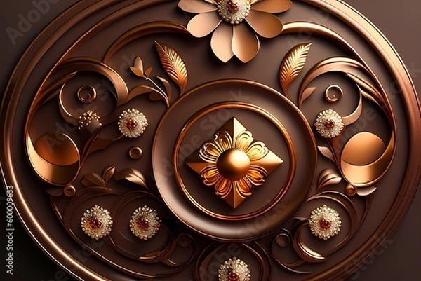 Fototapeta With a dark brown backdrop and a 3D mural art background with golden jewelry and flowers