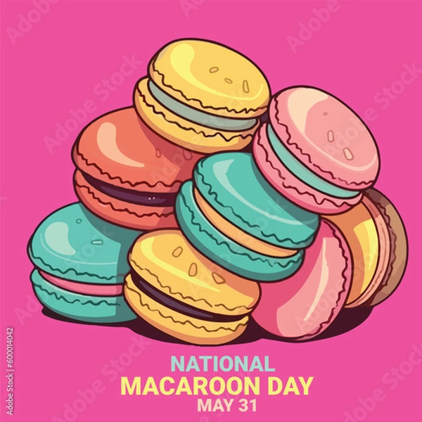 Obraz vector of colorful macaroons with bold text national macaroon day may 31 isolated on pink background