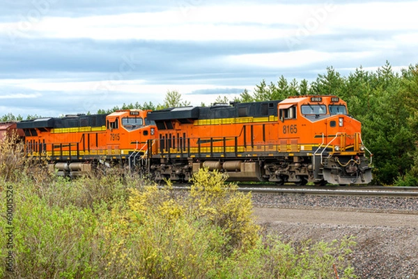 Obraz Dual engine freight train pulling cargo on a warm spring day close to Whitefish, Montana