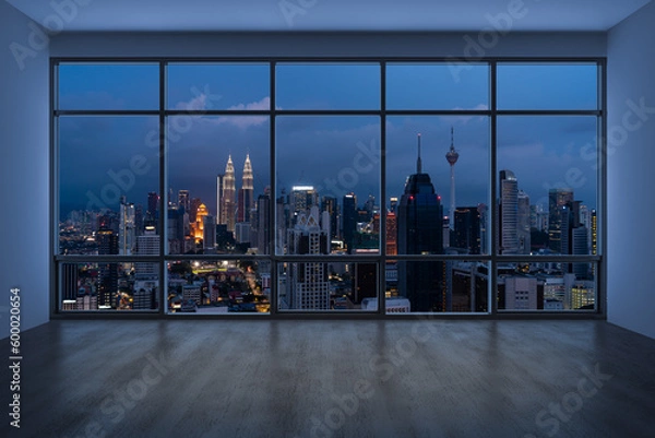 Fototapeta Empty room Interior Skyscrapers View Malaysia. Downtown Kuala Lumpur City Skyline Buildings from High Rise Window. Beautiful Expensive Real Estate overlooking. Night time. 3d rendering.