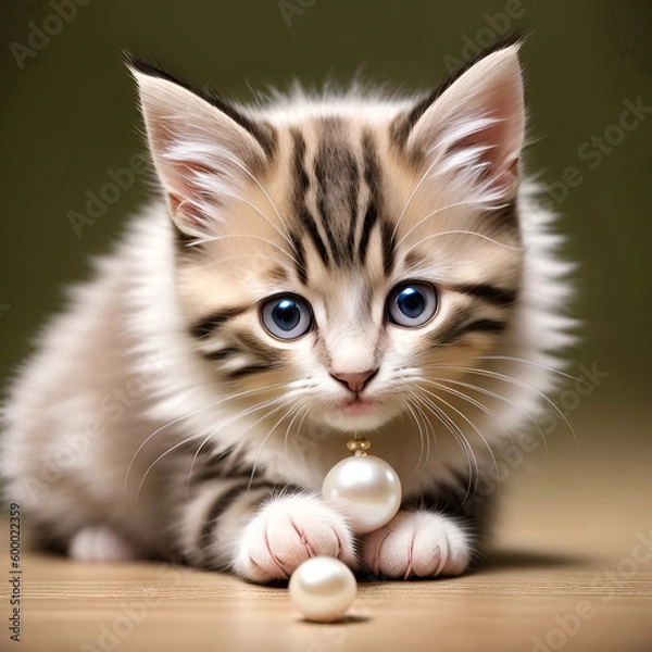 Fototapeta Fluffy cute kitten with a large pearl around his neck. A little princess-like cat poses in pearl jewelry. Generative, AI, Generative AI 

