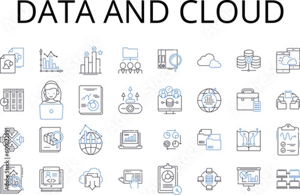 Fototapeta Data and cloud line icons collection. Analytics and insights, Innovation and progress, Content and marketing, Nerking and connectivity, Collaboration and teamwork, Investment and finance, Growth and