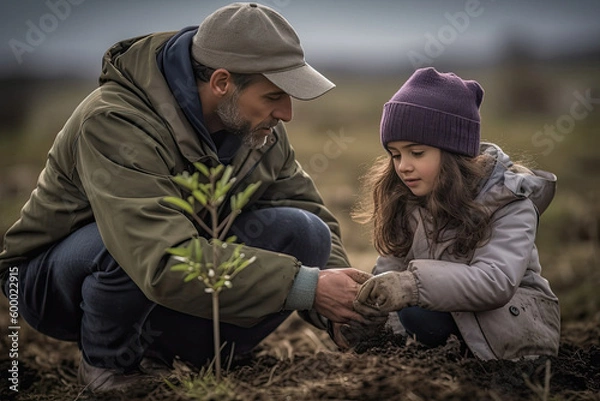 Obraz a father teaching his daughter how to plant, generative AI