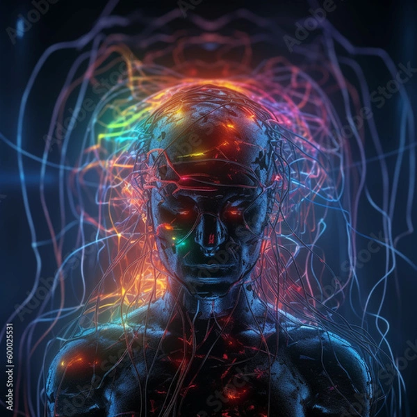 Fototapeta Ludzka głowa z wieloma liniami drutu kabla elektrycznego i kropkami, streszczenie cybernetyki, grafika cyberbezpieczeństwa, generatywna sztuczna inteligencja