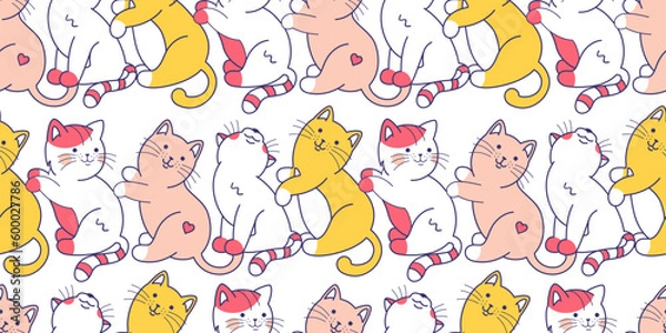 Fototapeta Seamless wallpaper with cute naughty kittens in line. Funny crowd, cartoon wallpaper with cats. Background with animal characters for fabric design, wrapping paper.