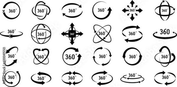 Fototapeta 360 degree views of vector circle icons set isolated from the background. Signs with arrows to indicate the rotation or panoramas to 360 degrees. Vector illustration
