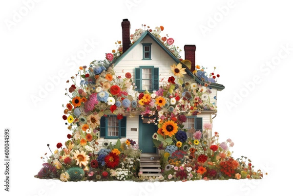 Fototapeta Small house overflowing with a lot of flowers, very beautiful isolated objects, design elements PNG
