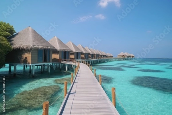 Fototapeta Amazing drone view of the beach and water with beautiful colors. Paradise scenery water villas with amazing sea and beach, tropical nature. summer vacation.