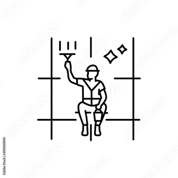 Fototapeta Worker washes the windows of modern skyscraper black line icon. Cleaning company