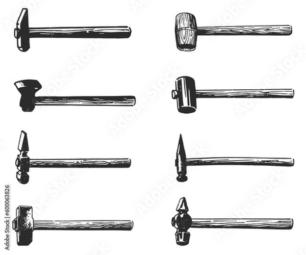 Fototapeta Retro set of wooden hammers. Carpentry professional tools. Hand drawn ink vector illustration.