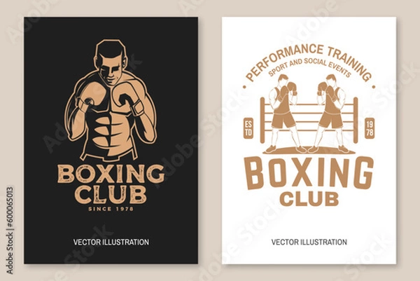 Fototapeta Set of Boxing club badge, logo design. Vector illustration. For Boxing sport club emblem, sign, patch, shirt, template. Retro poster, banner with Boxer, gloves, boxing jump rope and shoes Silhouette.