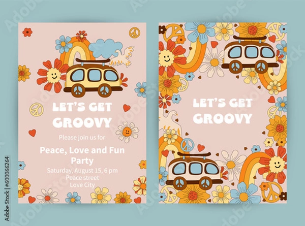 Obraz Templates with daisy flowers, retro car and rainbow for groovy party, birthday invitation, flyer, retro poster. Space for text. Vector illustration set.