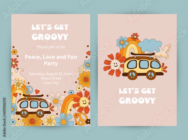 Obraz Templates with daisy flowers, retro car and rainbow for groovy party, birthday invitation, flyer, retro poster. Space for text. Vector illustration set.
