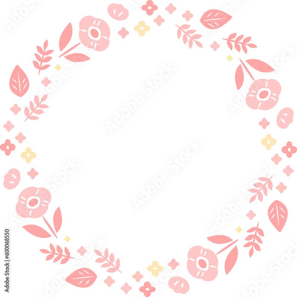 Fototapeta 円形のフレーム　花と葉っぱ　ピンク