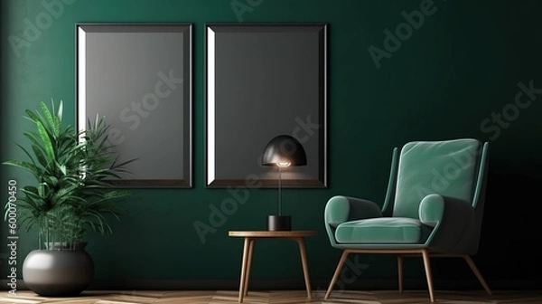 Fototapeta Mockup poster frame in modern dark green home interior, 3d render, Bright color. Generative Ai