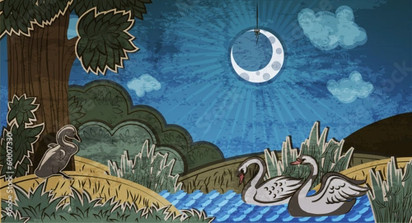 Obraz Ugly duckling looking at pair of swans.