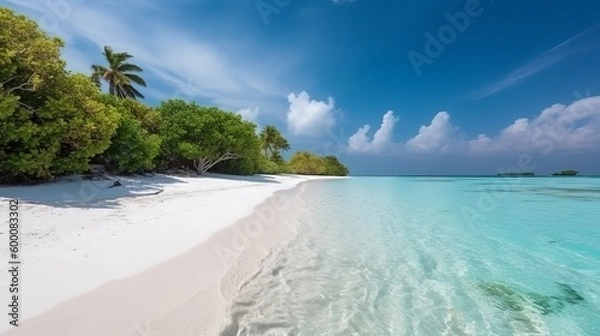Fototapeta tropical Maldives island with white sandy shoreline and sea. palm. AI Generated