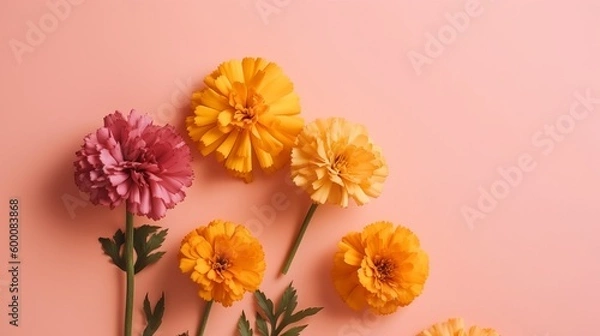 Fototapeta Spring marigold makes on pink pastel foundation beat see in level lay organize. AI Generated