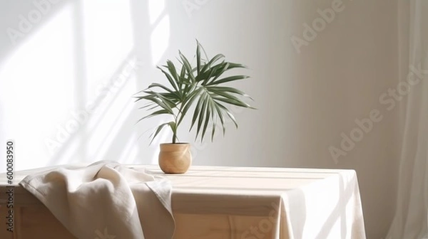 Fototapeta Inadequately beige cotton tablecloth on counter table, tropical dracaena tree in sunshine on white divider establishment. AI Generated