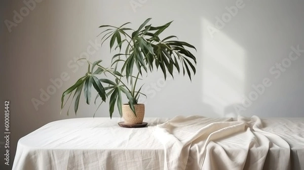 Fototapeta Obliged beige cotton tablecloth on counter table, tropical dracaena tree in sunshine on white divider establishment. AI Generated