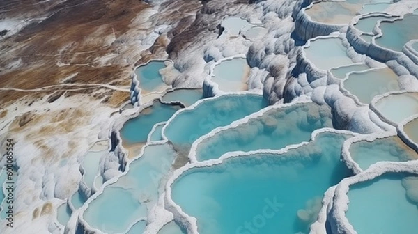 Fototapeta Airborne best see Pamukkale Turkey travertine pools, nature patios with blue water. AI Generated