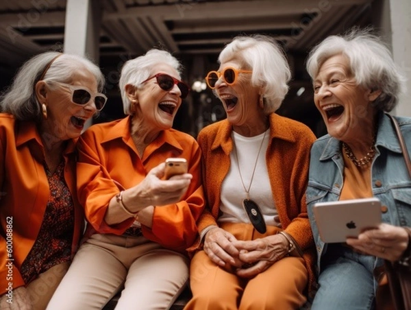 Fototapeta Modern Aging.  A candid shot of a group of senior women laughing and enjoying each other's company. Generative AI