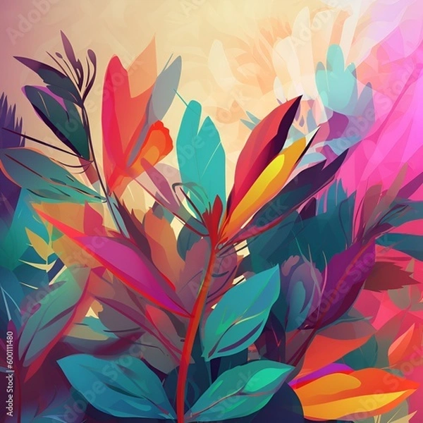 Obraz Abstract background - exotic flowers and leaves. Generative AI.